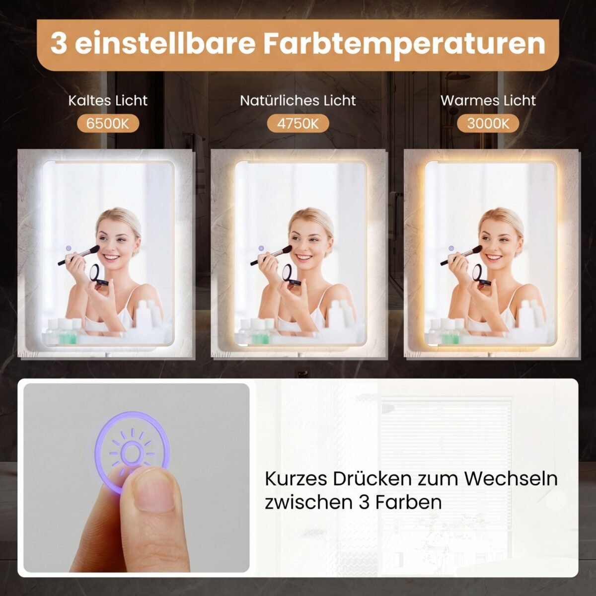 LED vonios veidrodis su 3 spalvų apšvietimu ir apsauga nuo rasojimo 80 x 60 cm (Sidabrinė) – Paveikslėlis 5