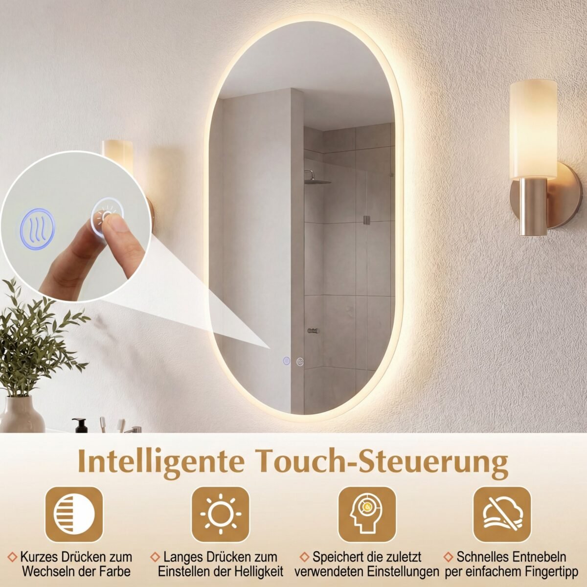 LED vonios veidrodis su reguliuojama šviesa ir apsauga nuo rasojimo (Sidabrinė) – Paveikslėlis 3