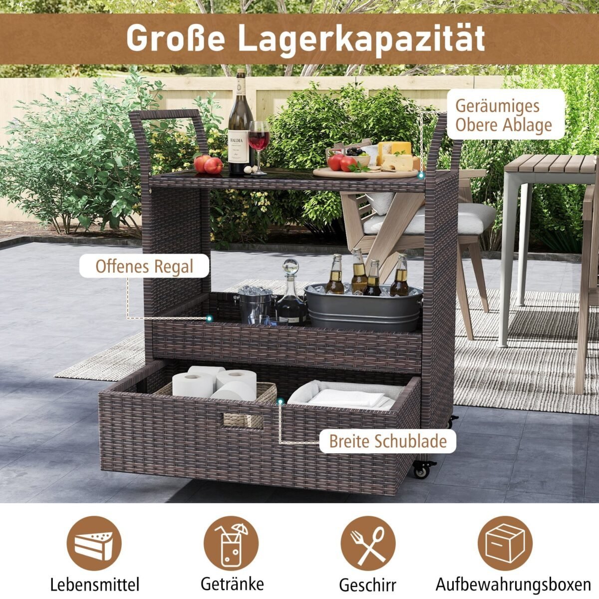 Lauko ratano serviravimo vežimėlis su stiklo stalviršiu (Ruda)