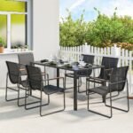 Lauko valgomojo komplektas su 150x80 cm stikliniu stalu ir 6 kvėpuojančiomis tinklinio audinio kėdėmis su dekoratyviniais porankiais – Paveikslėlis 2