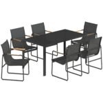 Lauko valgomojo komplektas su 150x80 cm stikliniu stalu ir 6 kvėpuojančiomis tinklinio audinio kėdėmis su dekoratyviniais porankiais