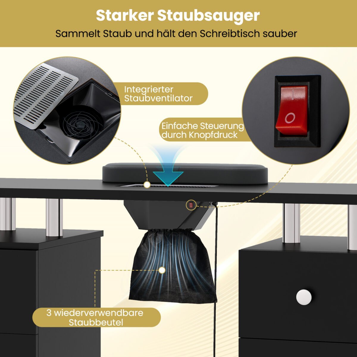 Manikiūro stalas su elektriniu dulkių siurbliu ir stalčiais (Juoda) – Paveikslėlis 3