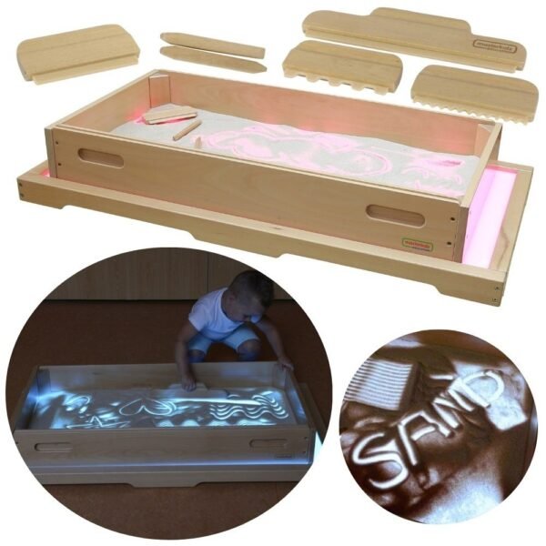 Medinė smėlio dėžė piešimui šviesa