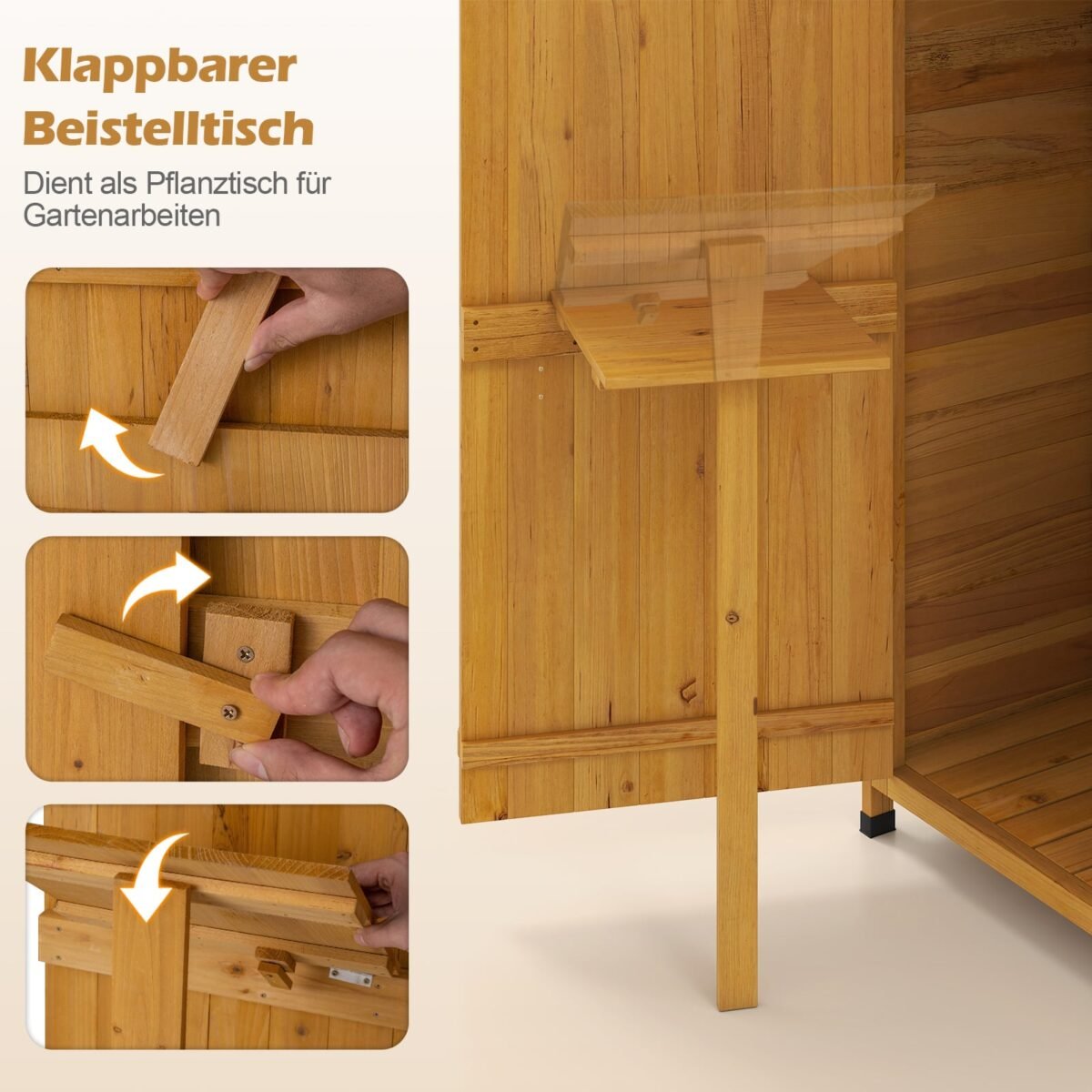 Medinė sodo spinta su sulankstomu šoniniu staliuku ir reguliuojamomis lentynomis (Natūrali) – Paveikslėlis 4