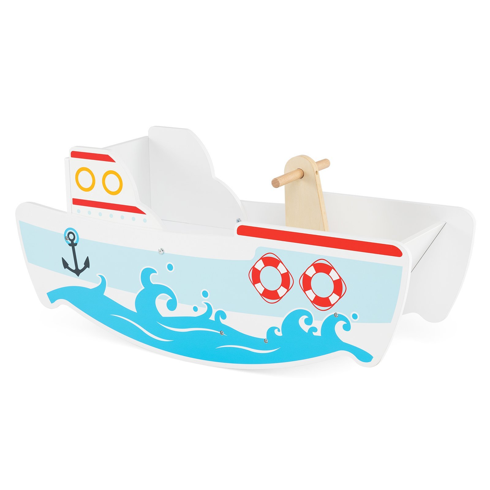 Medinė supamoji valtis su 40° supimo kampu ir jūrinio stiliaus dizainu (Mėlyna ir balta)