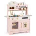 Medinė vaikiška žaidimų virtuvėlė su saugojimo vieta (Rožinė)