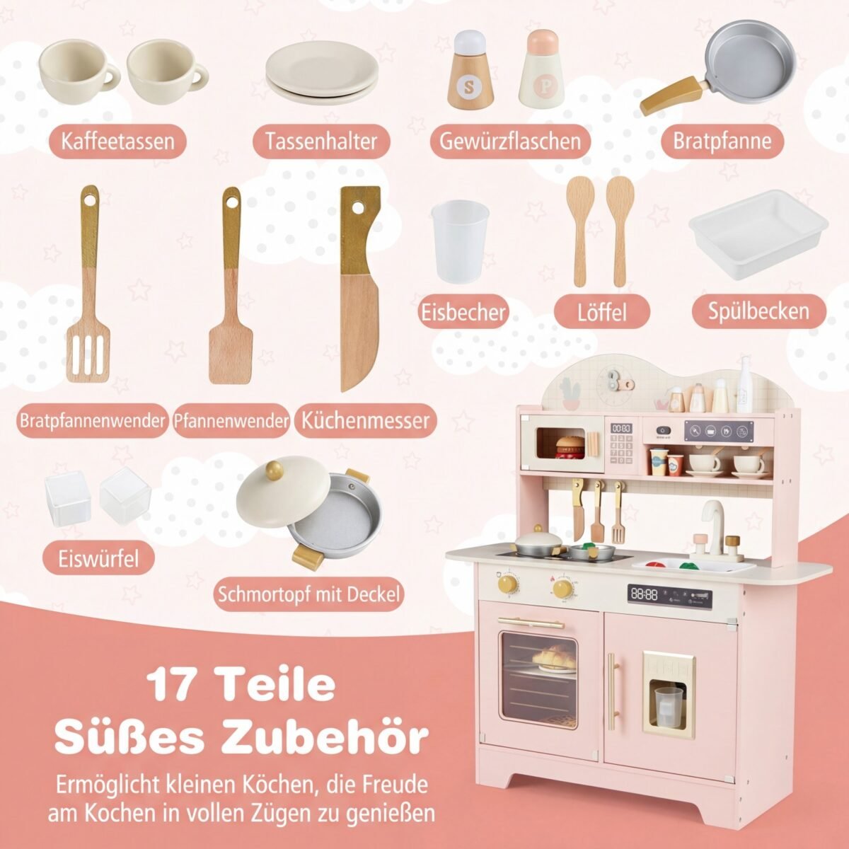 Medinė vaikiška žaidimų virtuvėlė su saugojimo vieta (Rožinė) – Paveikslėlis 3