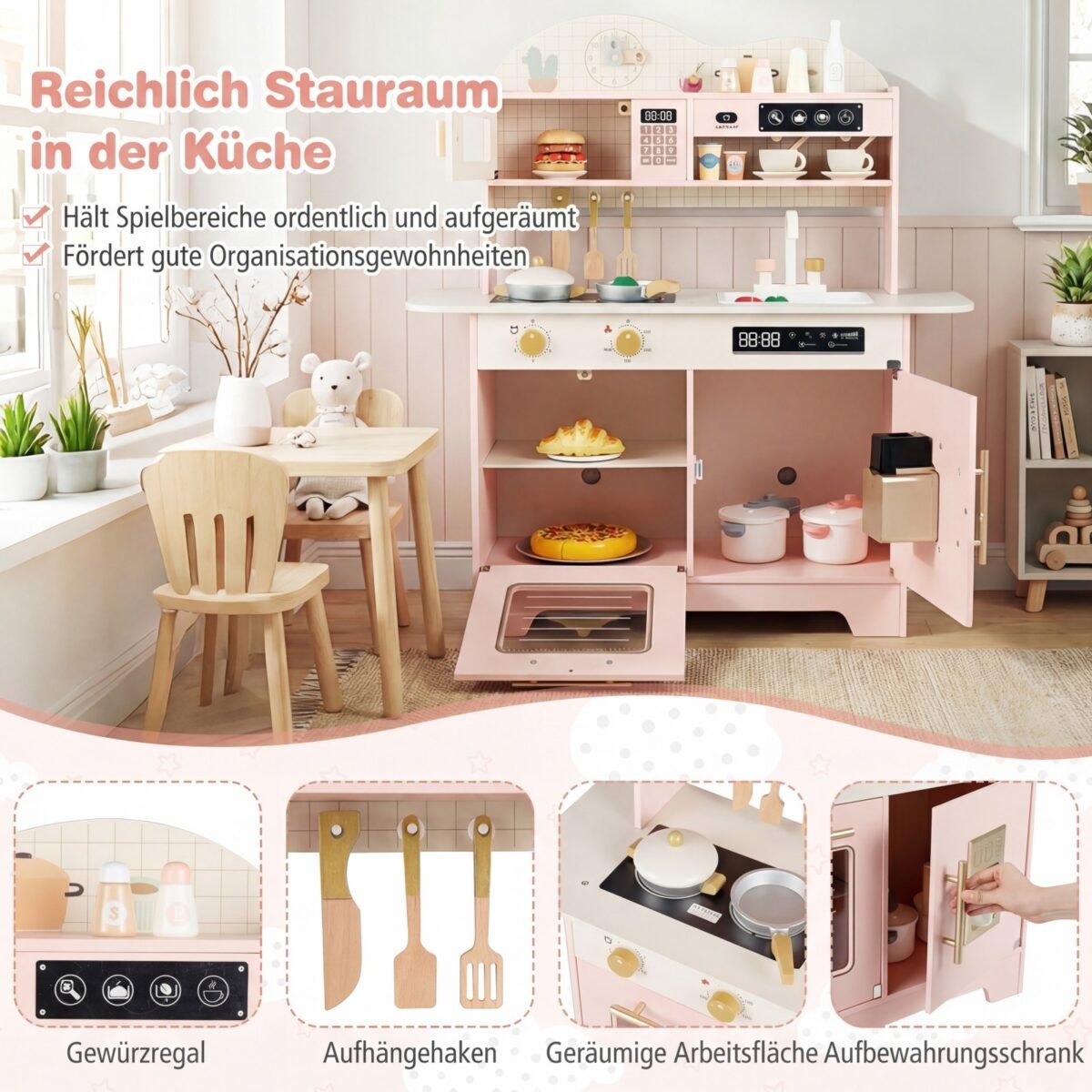 Medinė vaikiška žaidimų virtuvėlė su saugojimo vieta (Rožinė) – Paveikslėlis 5