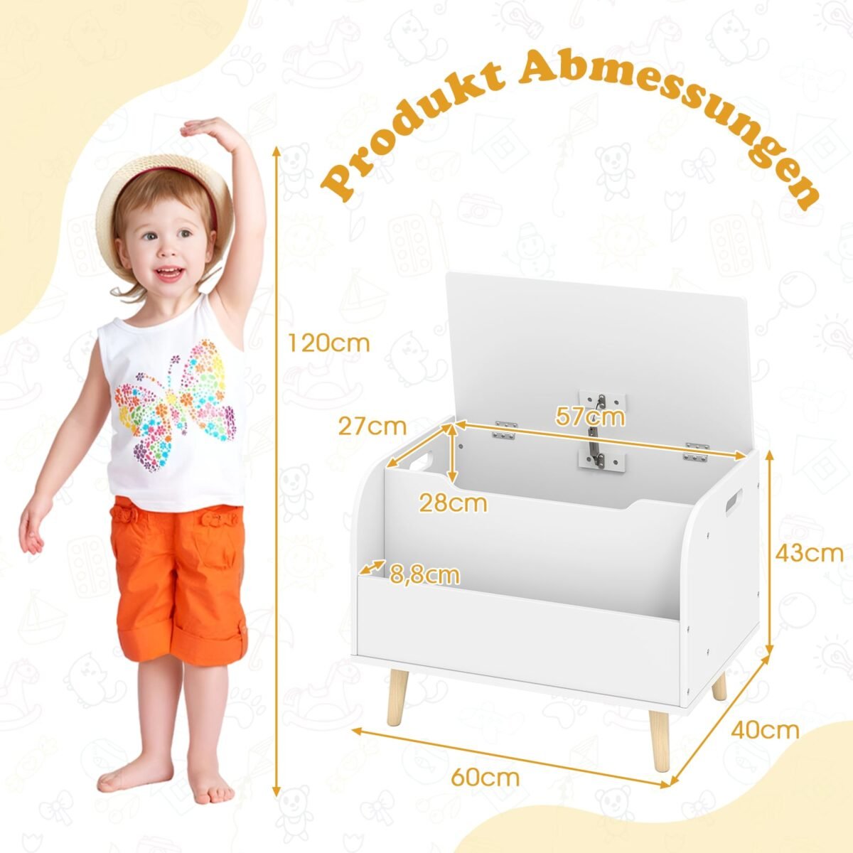 Medinė vaikiška žaislų dėžė su priekine knygų lentyna (Balta) – Paveikslėlis 2