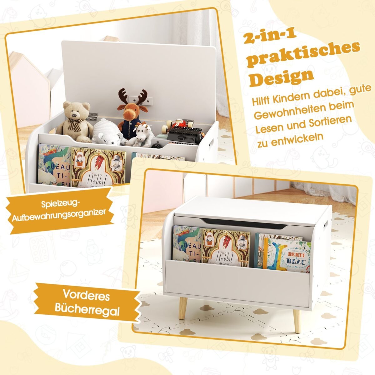 Medinė vaikiška žaislų dėžė su priekine knygų lentyna (Balta) – Paveikslėlis 3