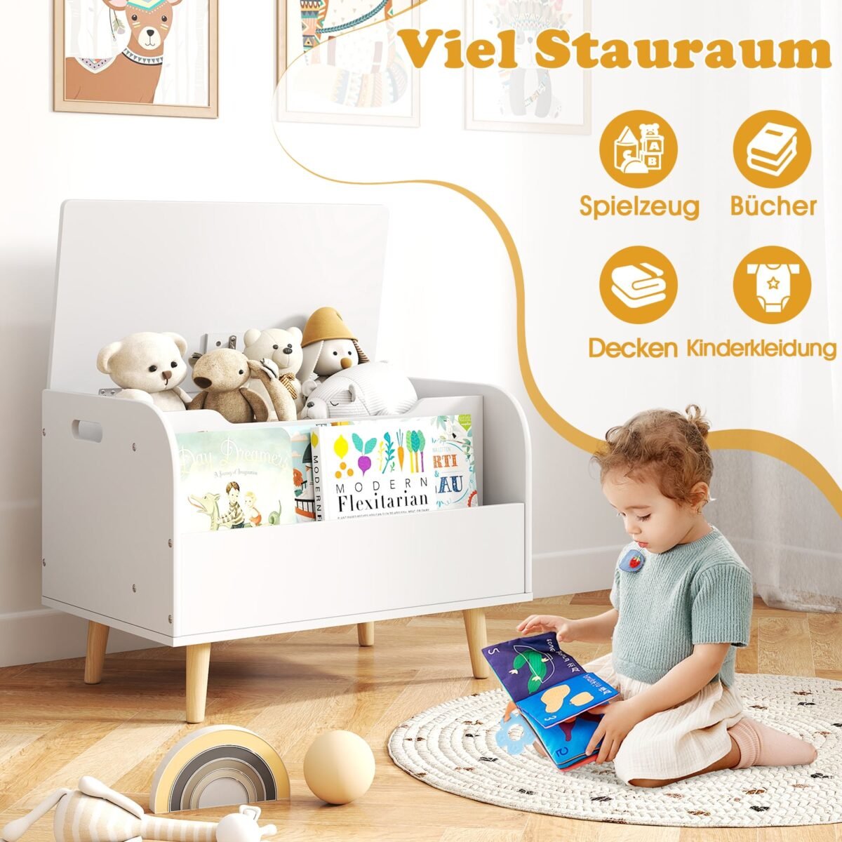 Medinė vaikiška žaislų dėžė su priekine knygų lentyna (Balta) – Paveikslėlis 5