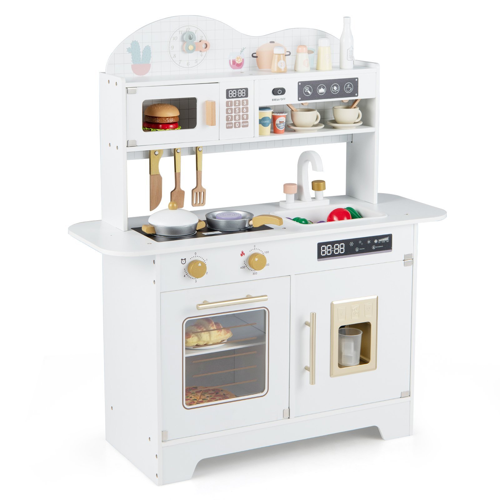Medinė vaikų virtuvėlė su daiktadėže ir 17 priedų (Balta)
