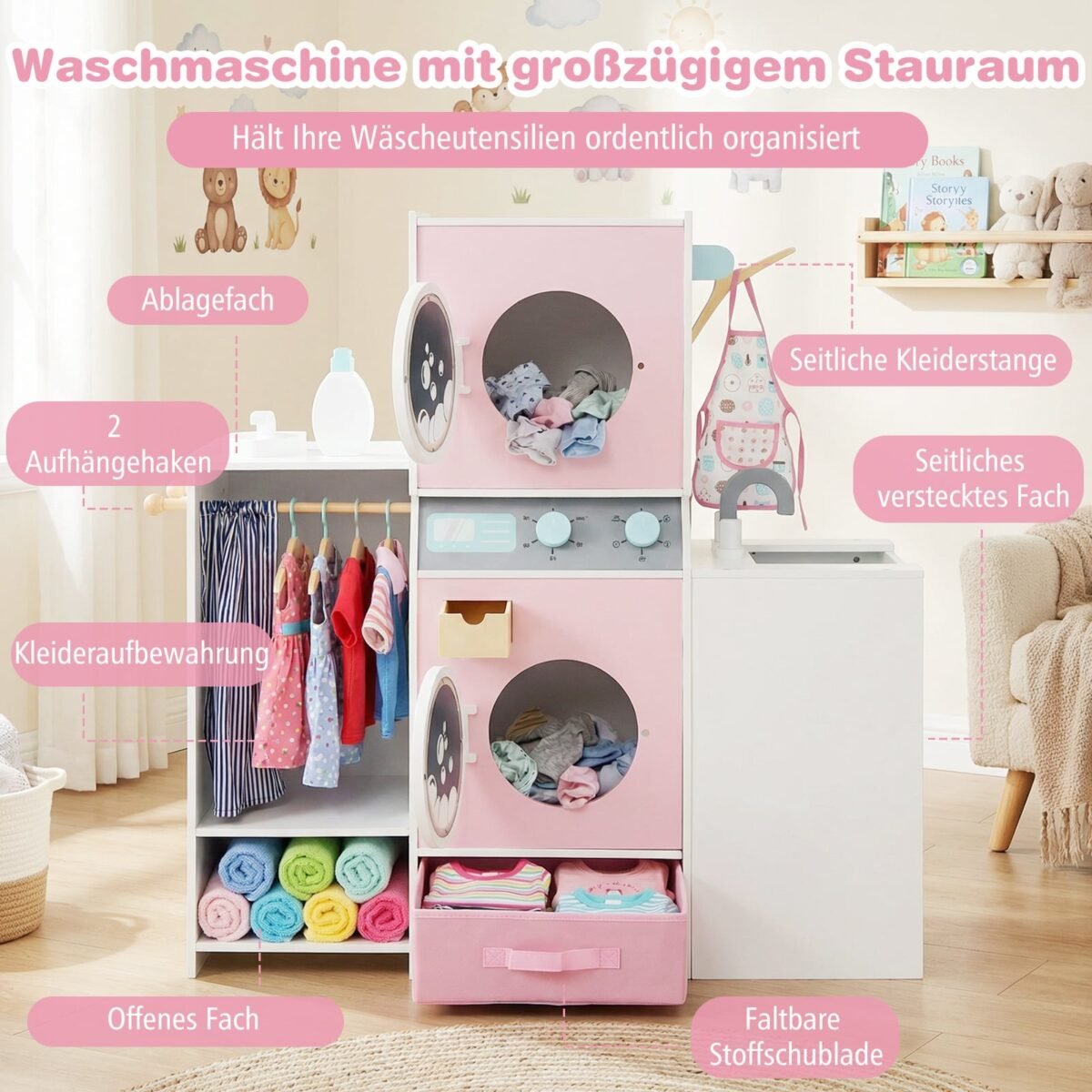 Medinis skalbimo mašinos žaidimo rinkinys vaikams su lyginimo lenta (Rožinė) – Paveikslėlis 3