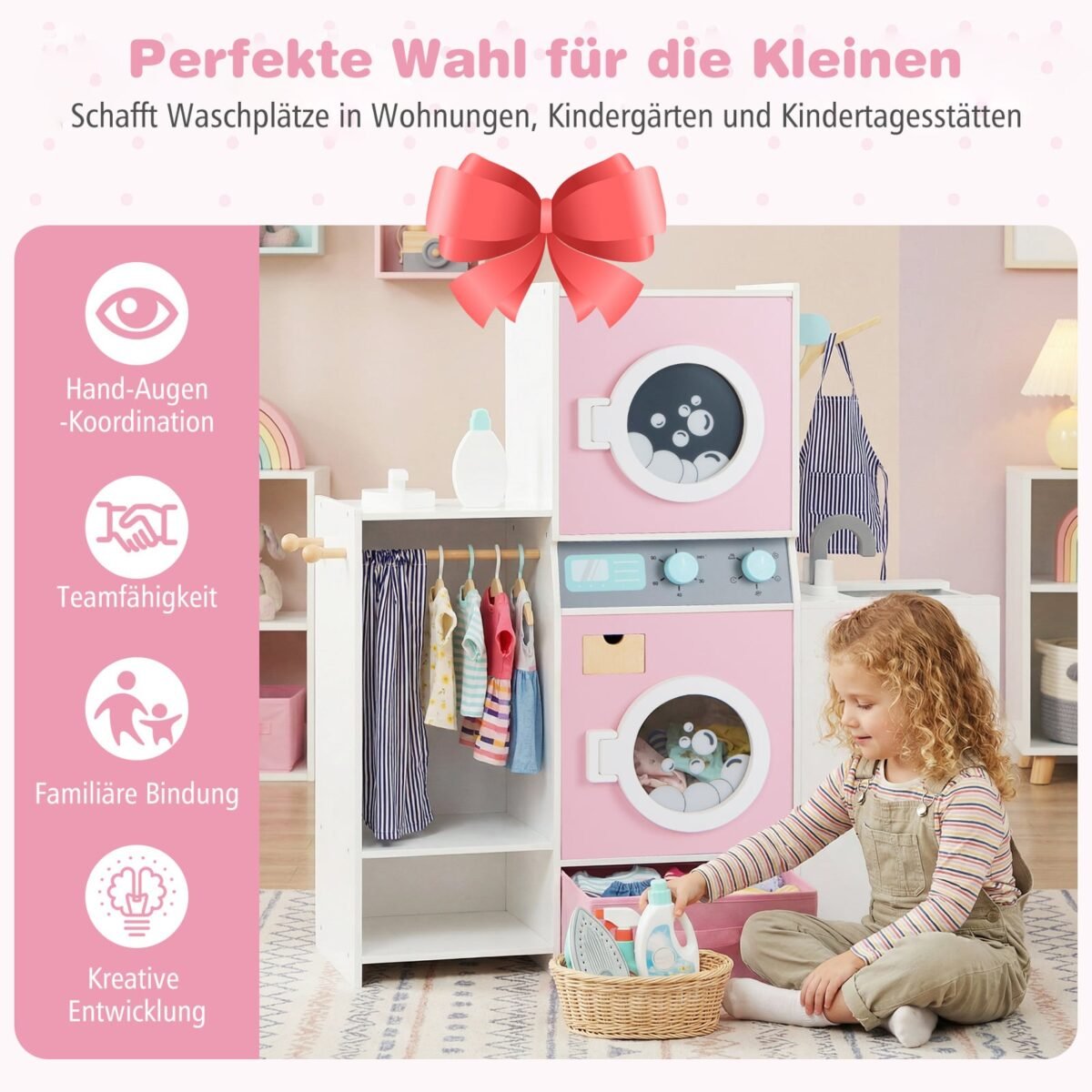 Medinis skalbimo mašinos žaidimo rinkinys vaikams su lyginimo lenta (Rožinė) – Paveikslėlis 5