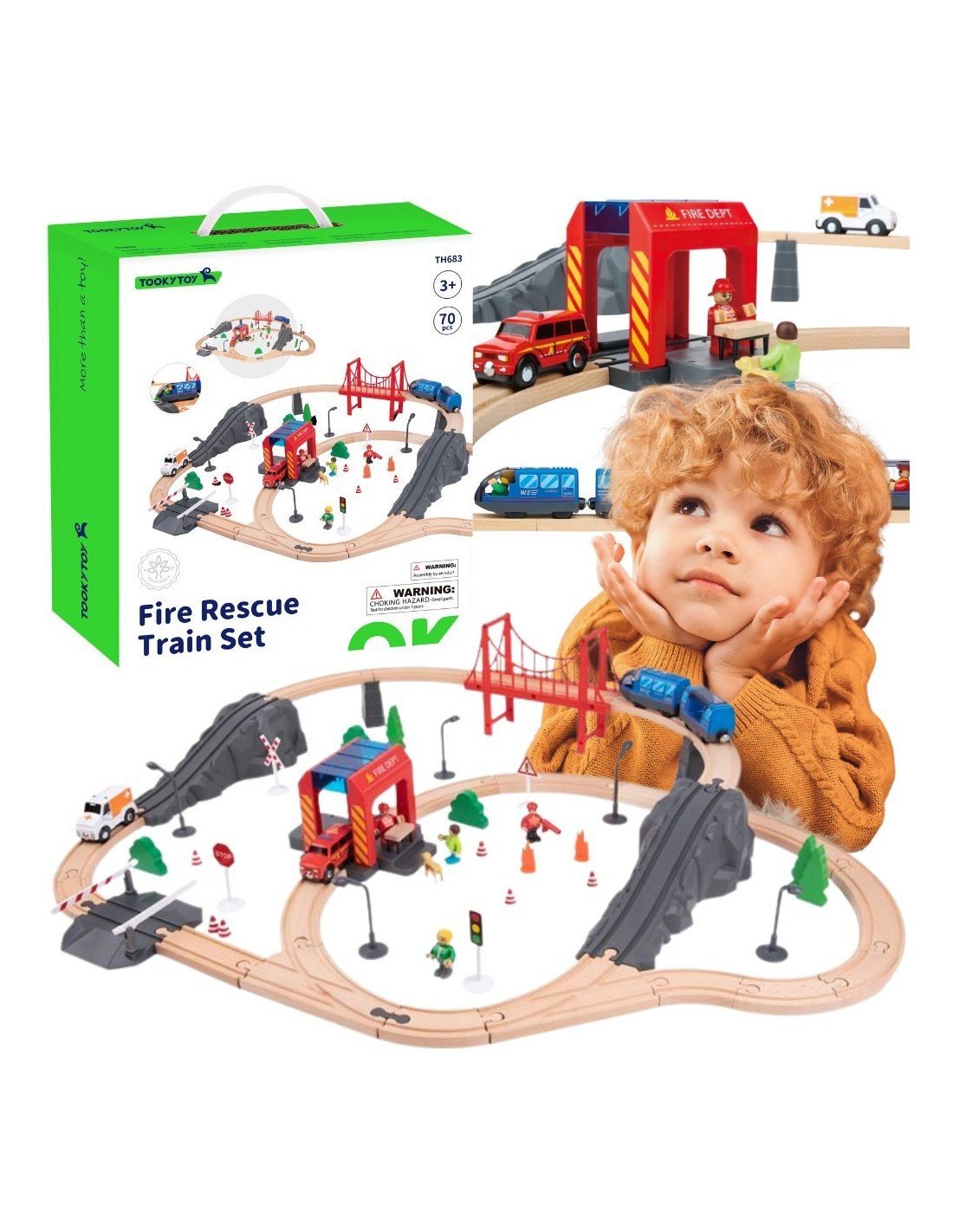 Medinis traukinukų rinkinys su gaisrine ir greitąja pagalba 70 dalių