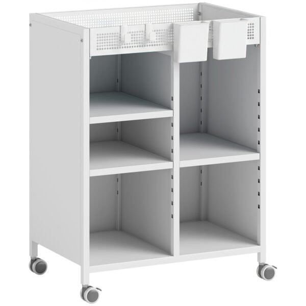 Mobili knygų lentyna su reguliuojamomis lentynomis ir krepšeliais