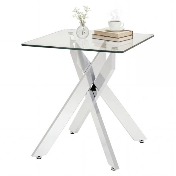 Modernus kvadratinis staliukas su grūdinto stiklo stalviršiu ir X formos metaliniu rėmu (Sidabrinė)