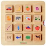 Montessori medinė formų derinimo dėlionė su paveikslėliais