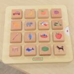 Montessori medinė formų derinimo dėlionė su paveikslėliais