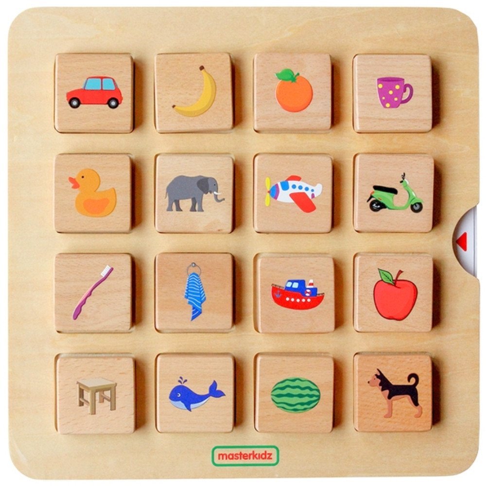 Montessori medinė formų derinimo dėlionė su paveikslėliais