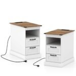 Naktiniai staliukai su stalčiais ir integruota įkrovimo stotele (2 vnt.) (Balta)
