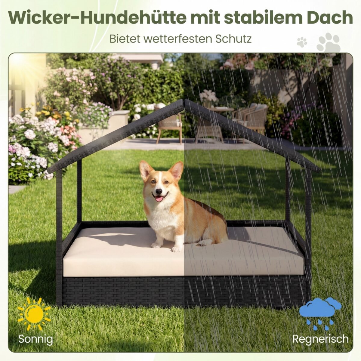 Pakelta rotango šunų būda su stogeliu (Smėlio) – Paveikslėlis 5