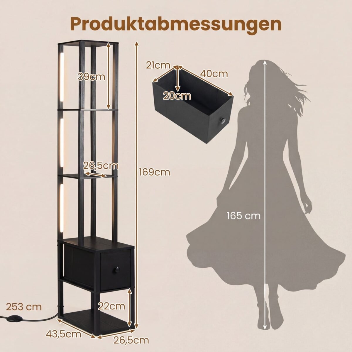 Pastatoma lempa su šoniniu staliuku ir reguliuojamu LED apšvietimu (Juoda) – Paveikslėlis 2