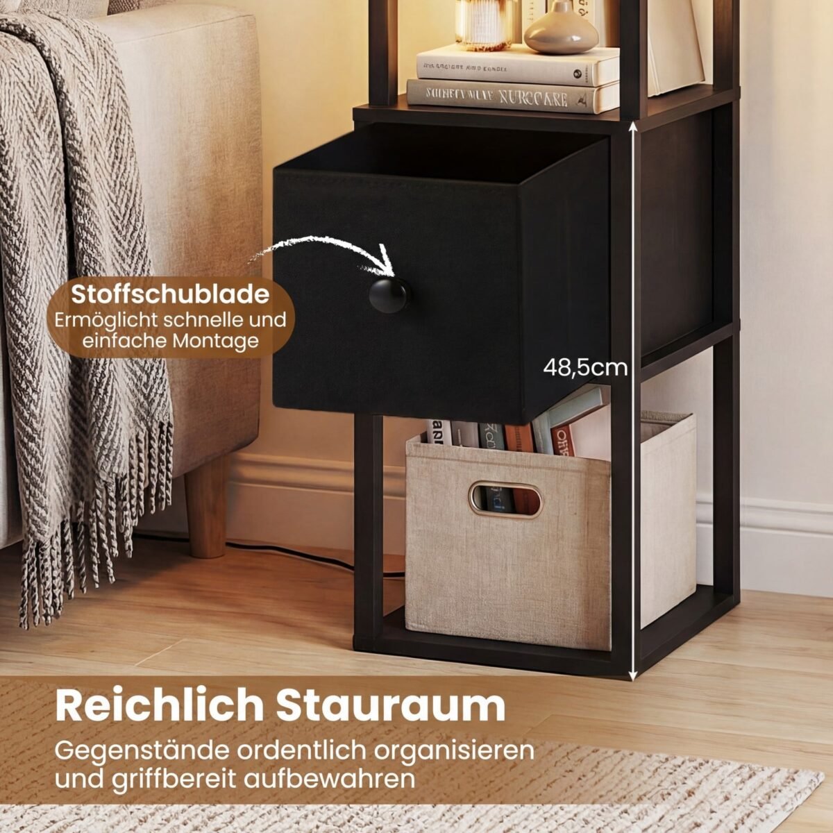 Pastatoma lempa su šoniniu staliuku ir reguliuojamu LED apšvietimu (Juoda) – Paveikslėlis 5