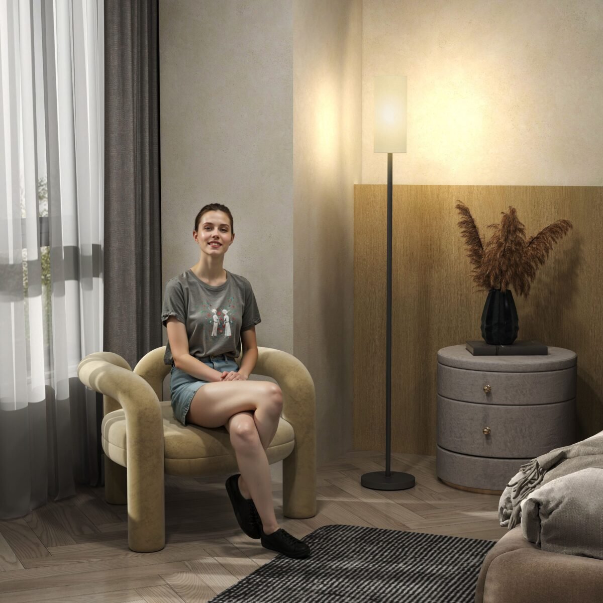 Pastatomas šviestuvas su lino efekto gaubtu ir kojiniu jungikliu – Paveikslėlis 8