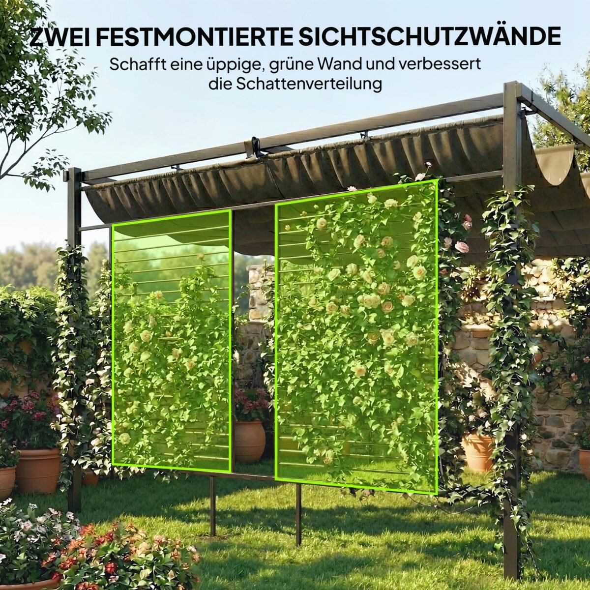 Pergola su įtraukiamu stogu ir 2 privatumo sienelėmis – Paveikslėlis 4