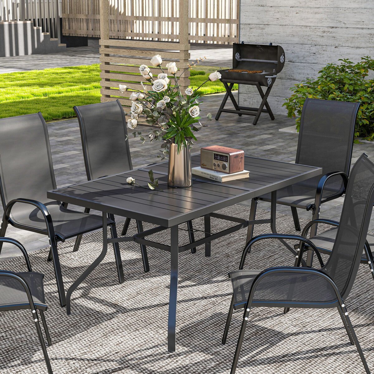 Plieninis sodo stalas 152x90 cm, atsparus oro sąlygoms, su skėčio anga – Paveikslėlis 8