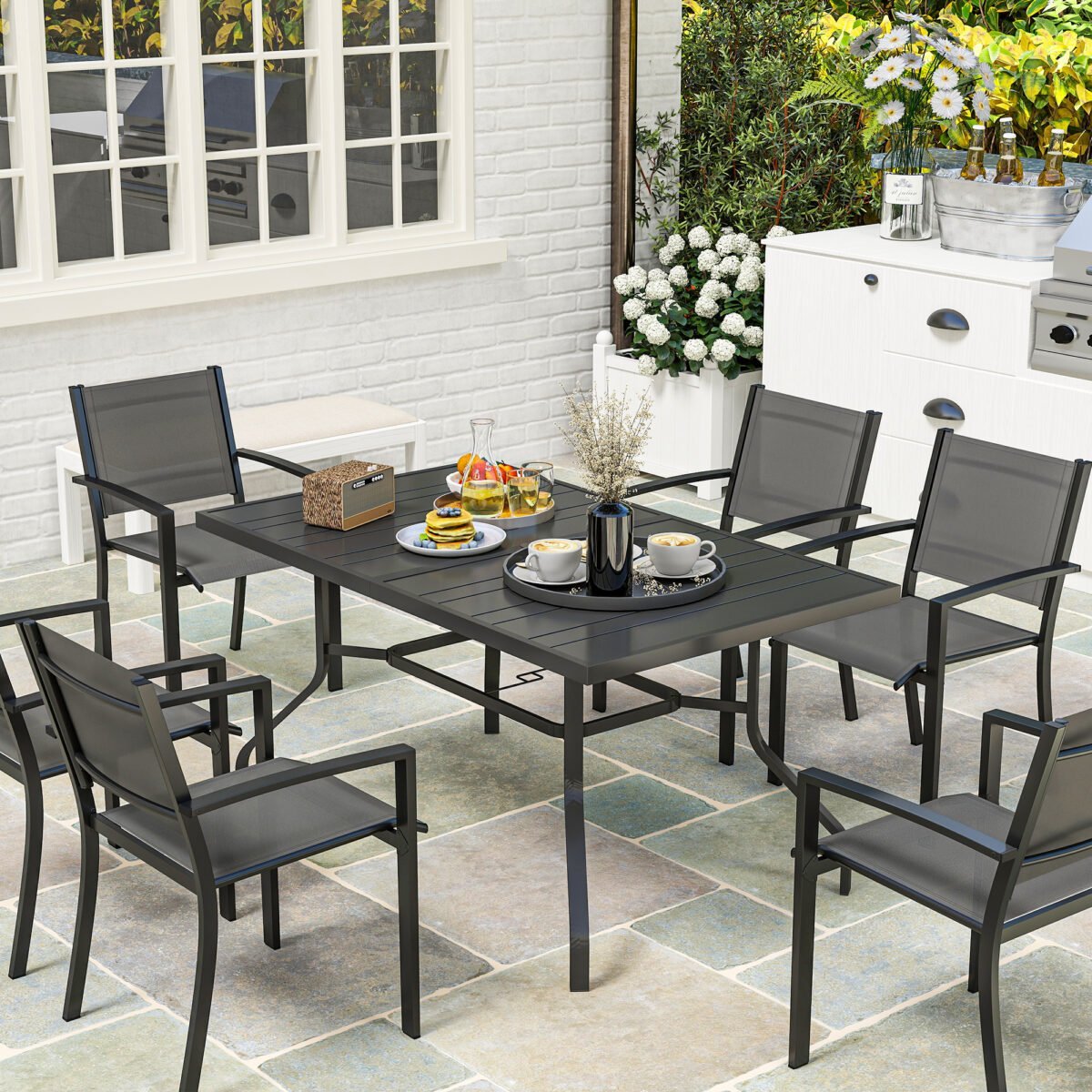 Plieninis sodo stalas 152x90 cm, atsparus oro sąlygoms, su skėčio anga – Paveikslėlis 9