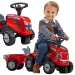 Raudonas Massey Ferguson traktoriukas-paspirtukas su priekaba ir priedais