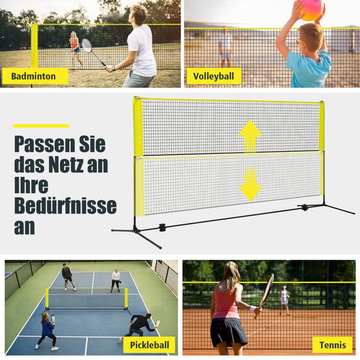 Reguliuojamo aukščio badmintono tinklas su stovu ir transportavimo krepšiu (Geltona) – Paveikslėlis 3