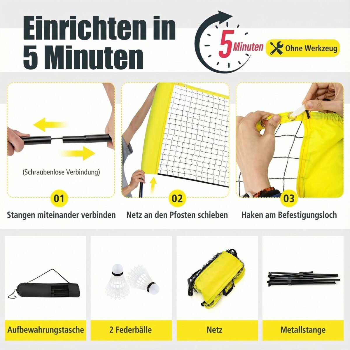 Reguliuojamo aukščio badmintono tinklas su stovu ir transportavimo krepšiu (Geltona) – Paveikslėlis 5