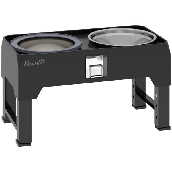 Reguliuojamo aukščio šunų šėryklė su 2 nerūdijančio plieno dubenėliais