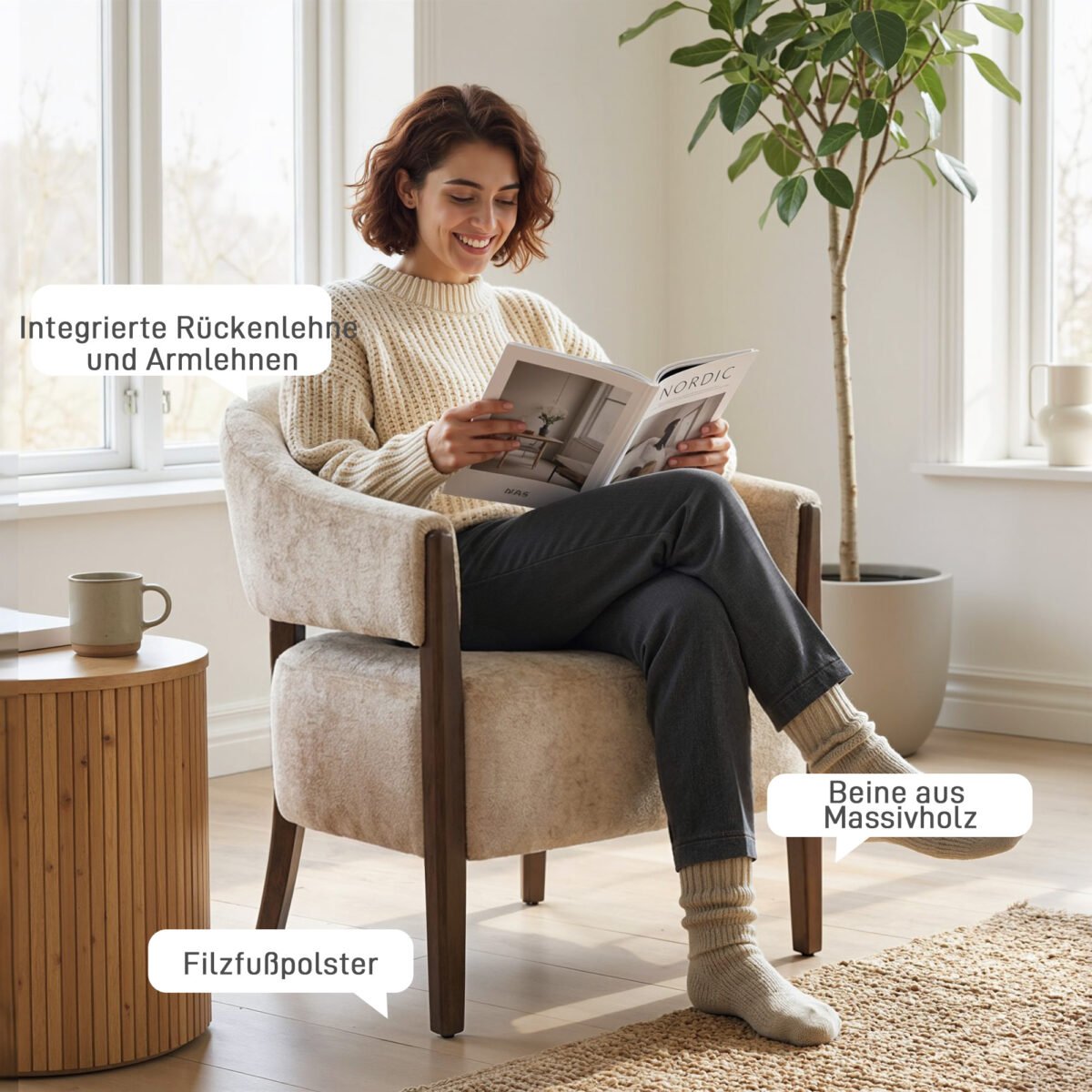 Šenilinis akcentinis fotelis su medžio masyvo rėmu – Paveikslėlis 7