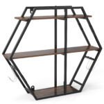 Šešiakampė trijų pakopų sieninė lentyna su kabliukais (Kaimiška ruda)