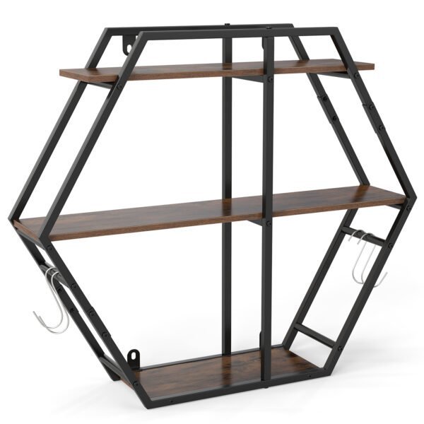 Šešiakampė trijų pakopų sieninė lentyna su kabliukais (Kaimiška ruda)