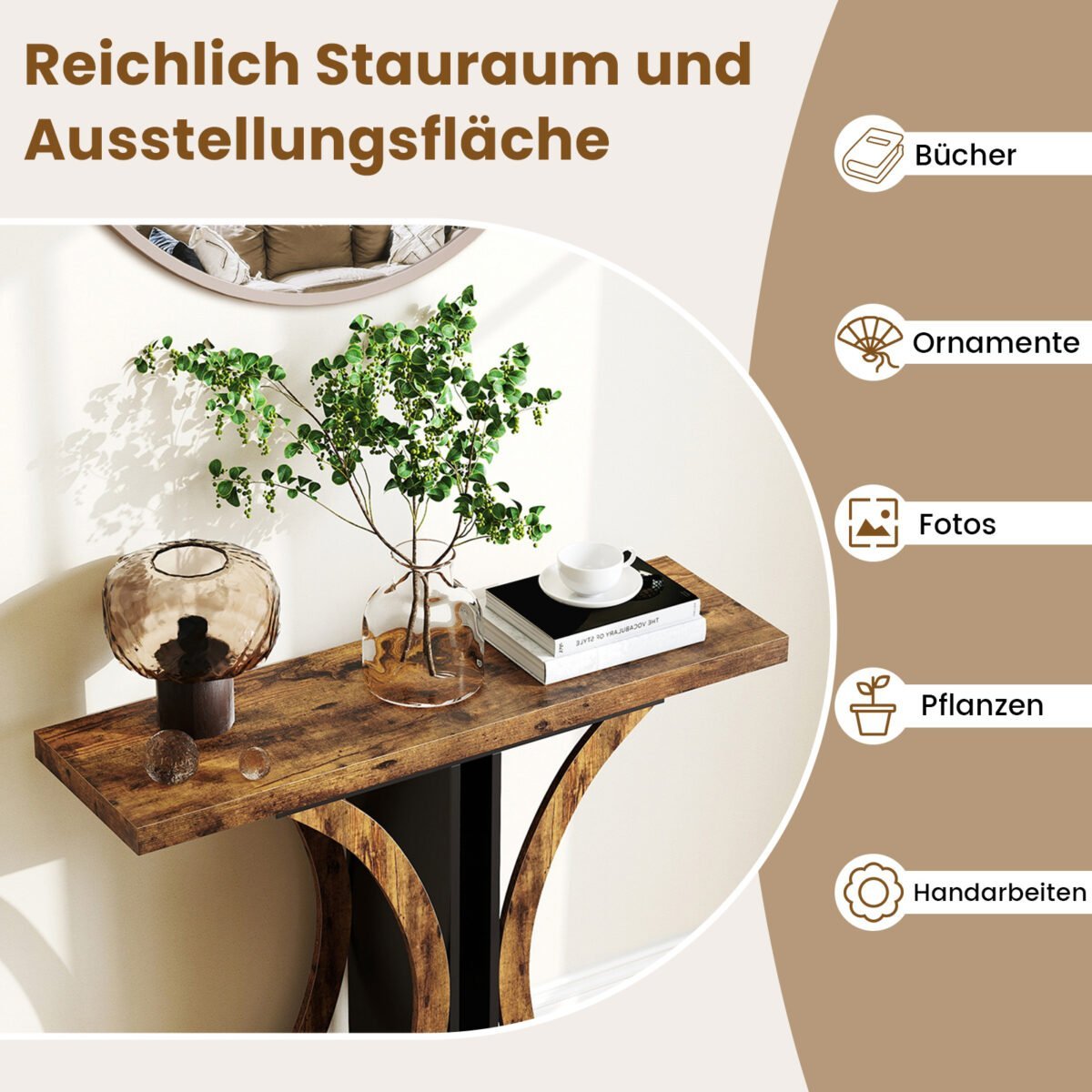 Siauras konsolinis staliukas su geometriniu metaliniu rėmu (Kaimiška ruda) – Paveikslėlis 3