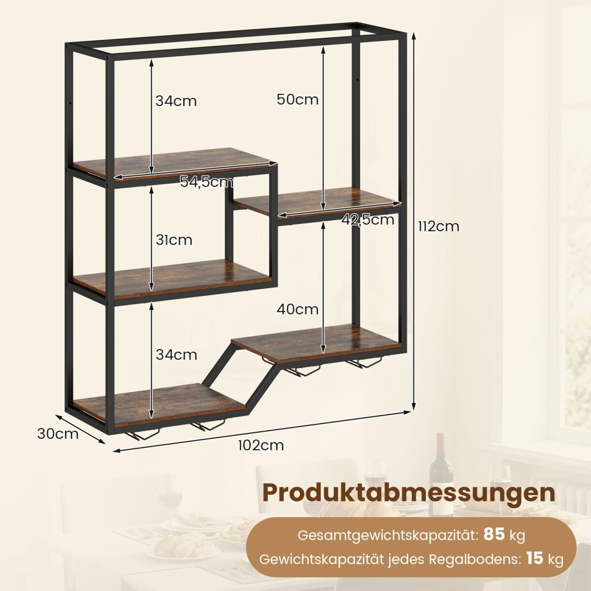 Sieninė vyno lentyna su butelių ir taurių laikikliais (Kaimiška ruda) – Paveikslėlis 2