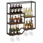 Sieninė vyno lentyna su butelių ir taurių laikikliais (Kaimiška ruda)