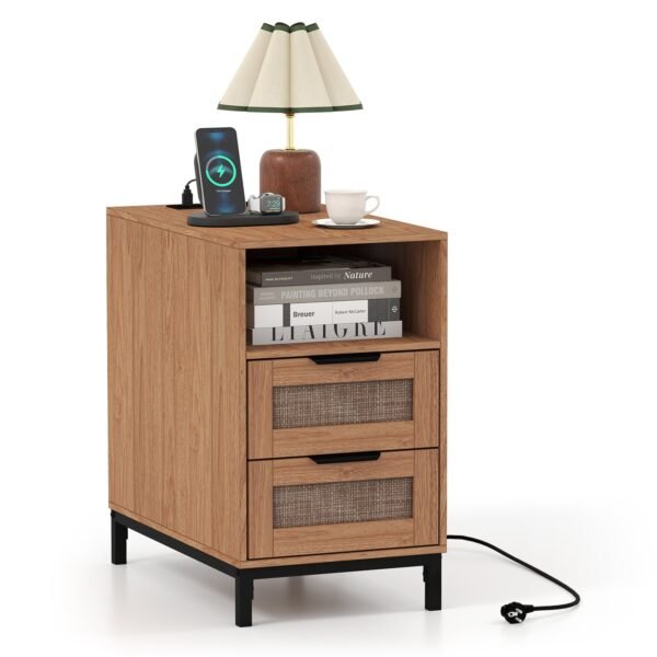 Šoninis staliukas su įkrovimo stotele ir dviem stalčiais (Natūrali)