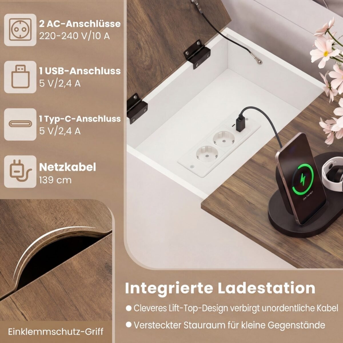 Šoninis staliukas su įkrovimo stotele ir paslėpta daiktadėže 2 vnt. (Balta) – Paveikslėlis 5