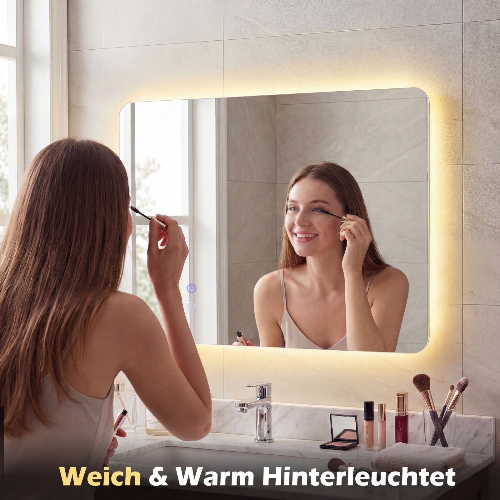 Stačiakampis LED vonios veidrodis su apsauga nuo rasojimo ir reguliuojamu apšvietimu (Sidabrinė)