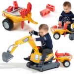 Statybų ekskavatorius su priekaba ir priedais