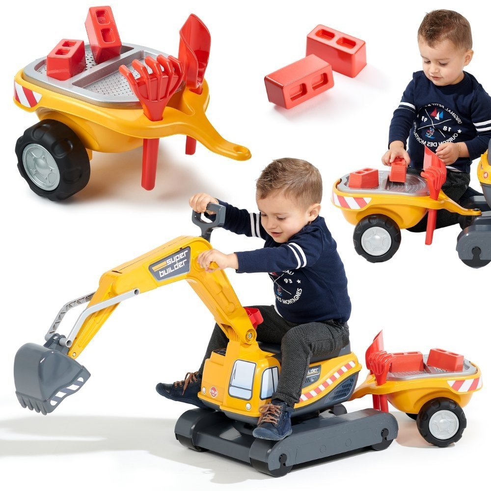 Statybų ekskavatorius su priekaba ir priedais