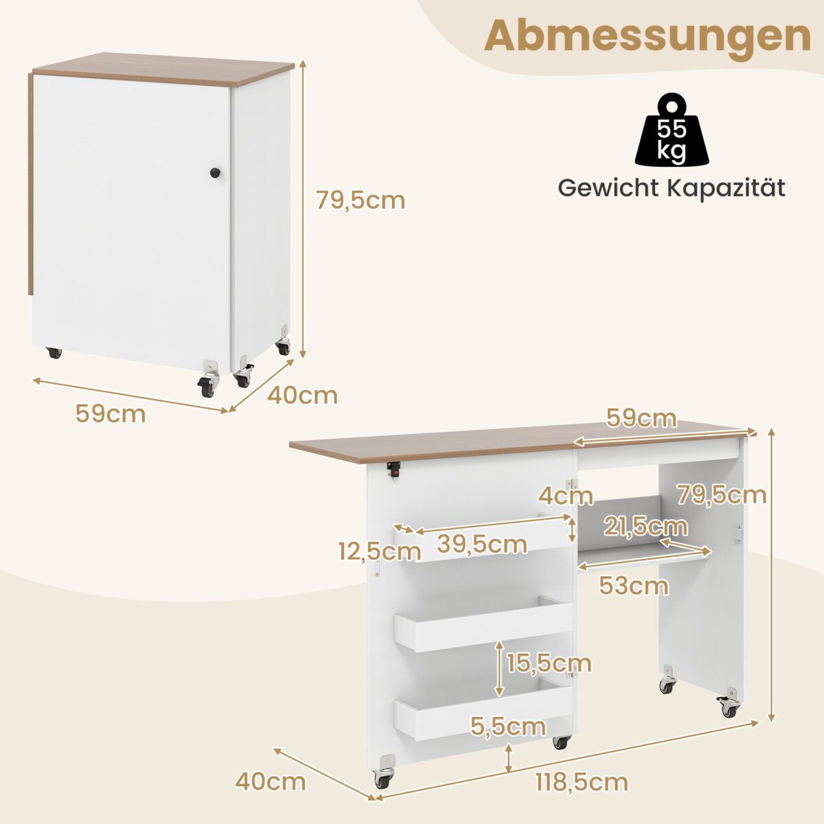 Sulankstomas siuvimo stalas su ratukais ir integruotomis daiktadėžėmis (Balta) – Paveikslėlis 2