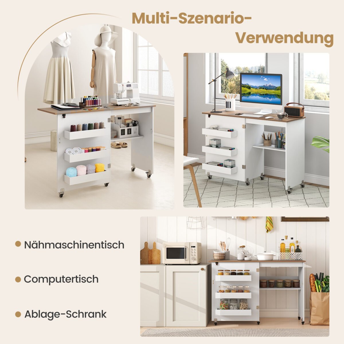 Sulankstomas siuvimo stalas su ratukais ir integruotomis daiktadėžėmis (Balta) – Paveikslėlis 3