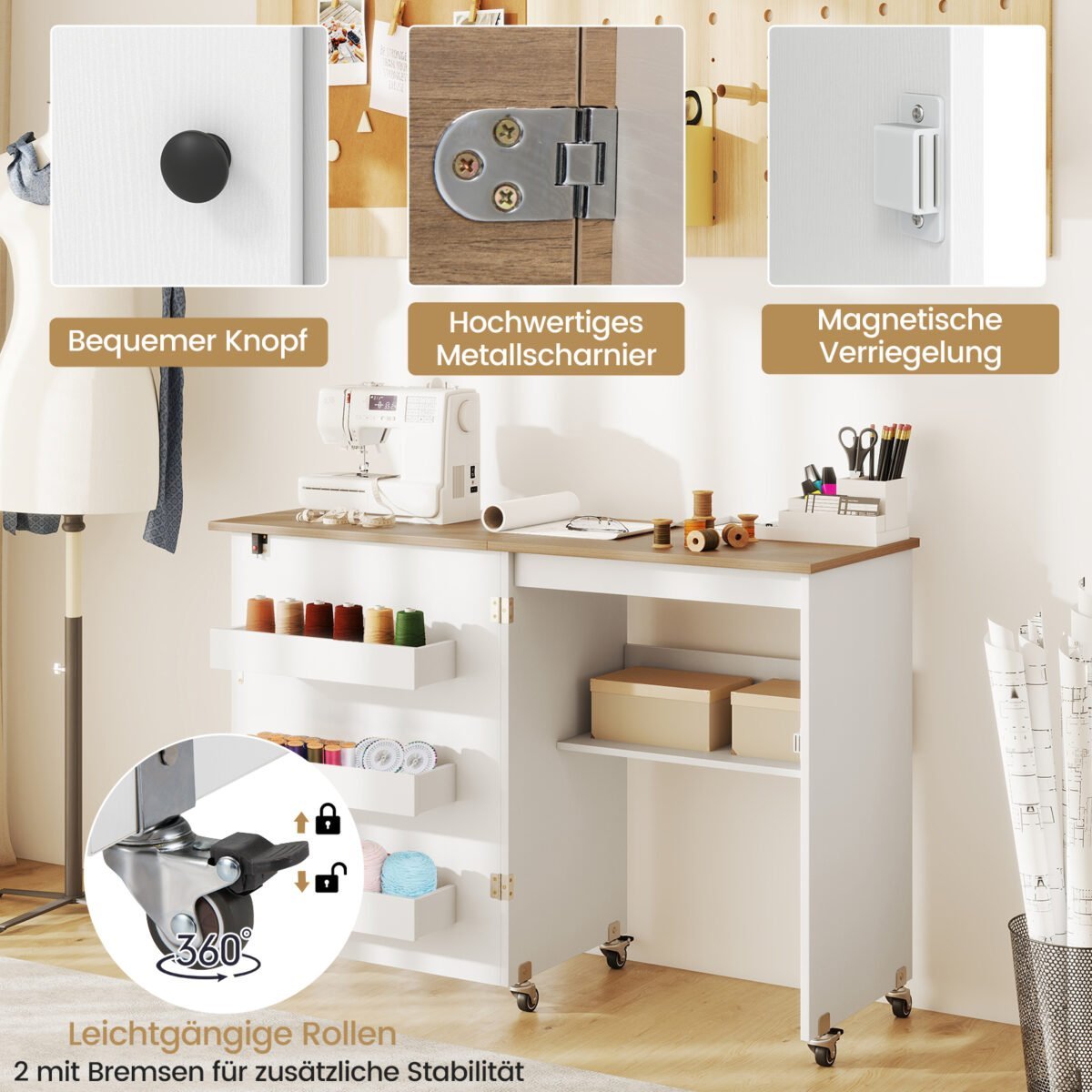 Sulankstomas siuvimo stalas su ratukais ir integruotomis daiktadėžėmis (Balta) – Paveikslėlis 4